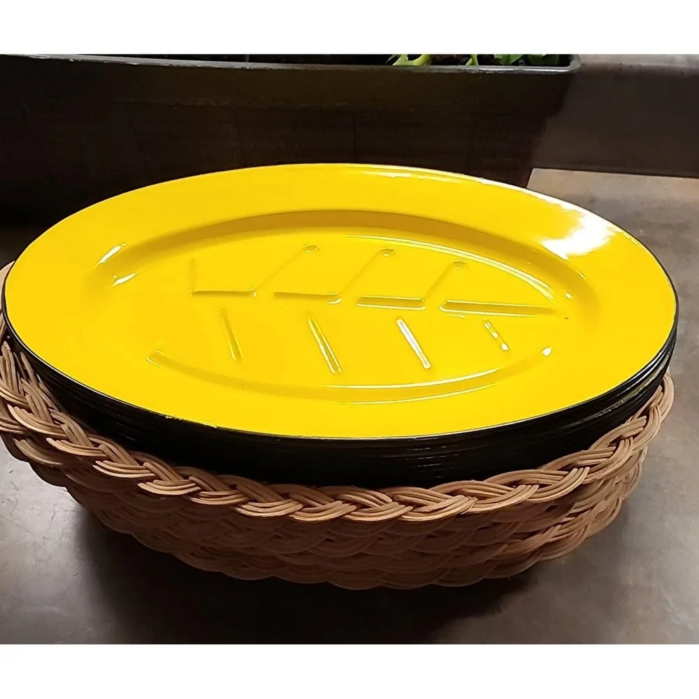 Set of 6 Vintage Yellow Enamel Sizzler Plates w/ Wicker Bases – Mid-Century